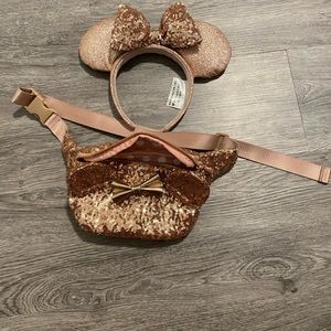 Disney Lounge Fly rose gold fanny pack and Minnie ears
